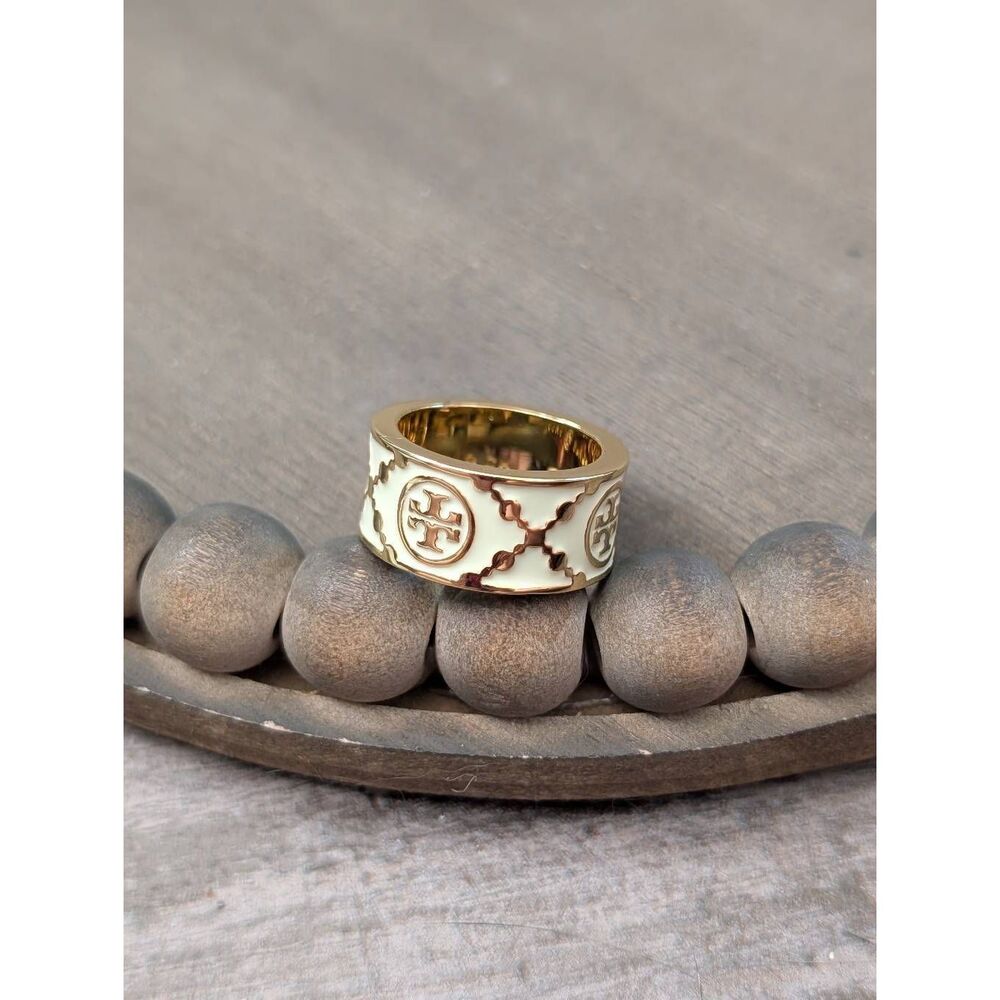 TORY BURCH Icon Monogram Ring Gold on White Size 7